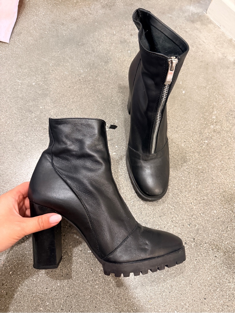 Zara Black Leather-Look Block Heel Ankle Boots with Front Zip